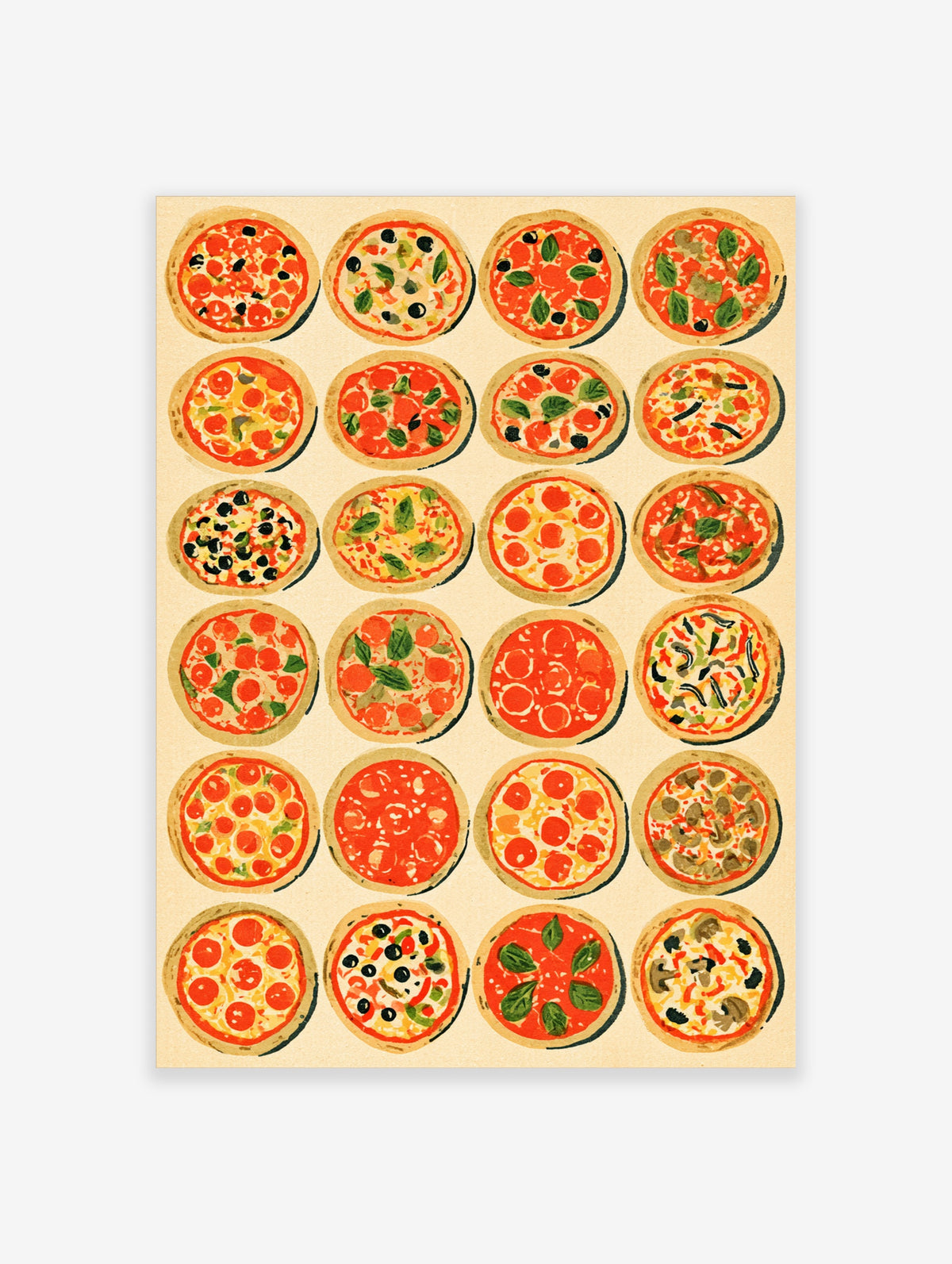 Grid of twenty-four illustrated pizzas with tomato, basil, olives and mushrooms on a cream background