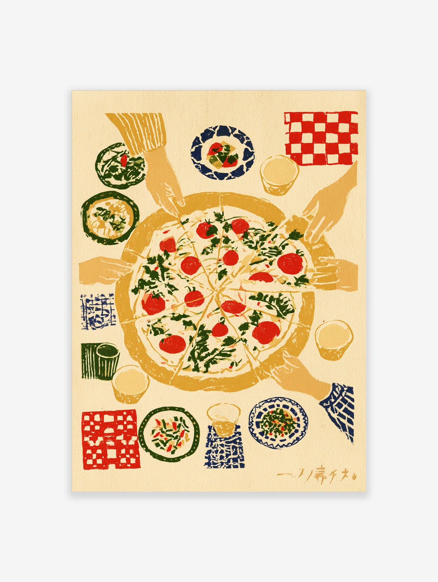 Top-down view of people sharing a pizza with hands reaching for slices, illustrative retro wall art print