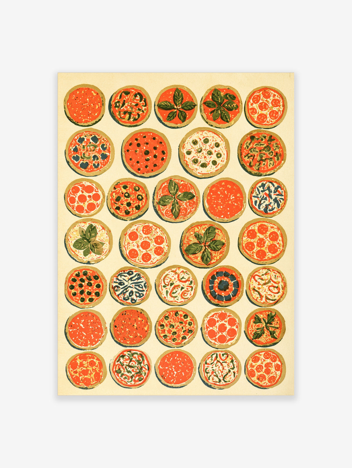 Grid of 35 illustrated pizzas with various toppings on a cream background, colourful food poster