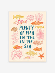 Illustrative Plenty of Fish in the Sea print with hand-drawn fish, coral, seashells, and starfish in pink, orange, and