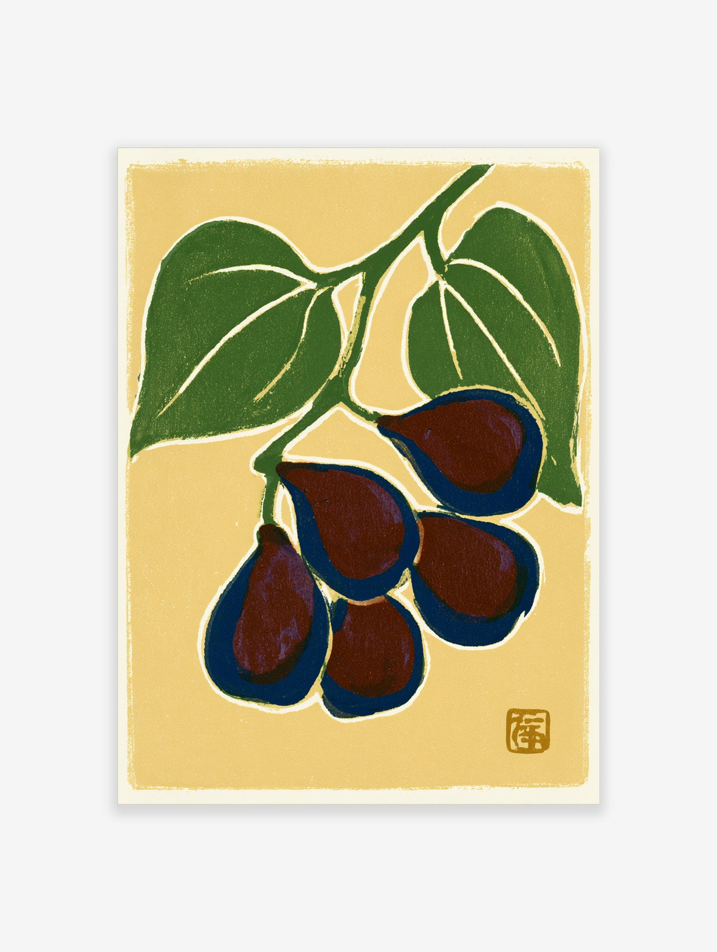 Stylized purple plum fruit botanical illustration with green leaves on a cream background, Japanese style art print