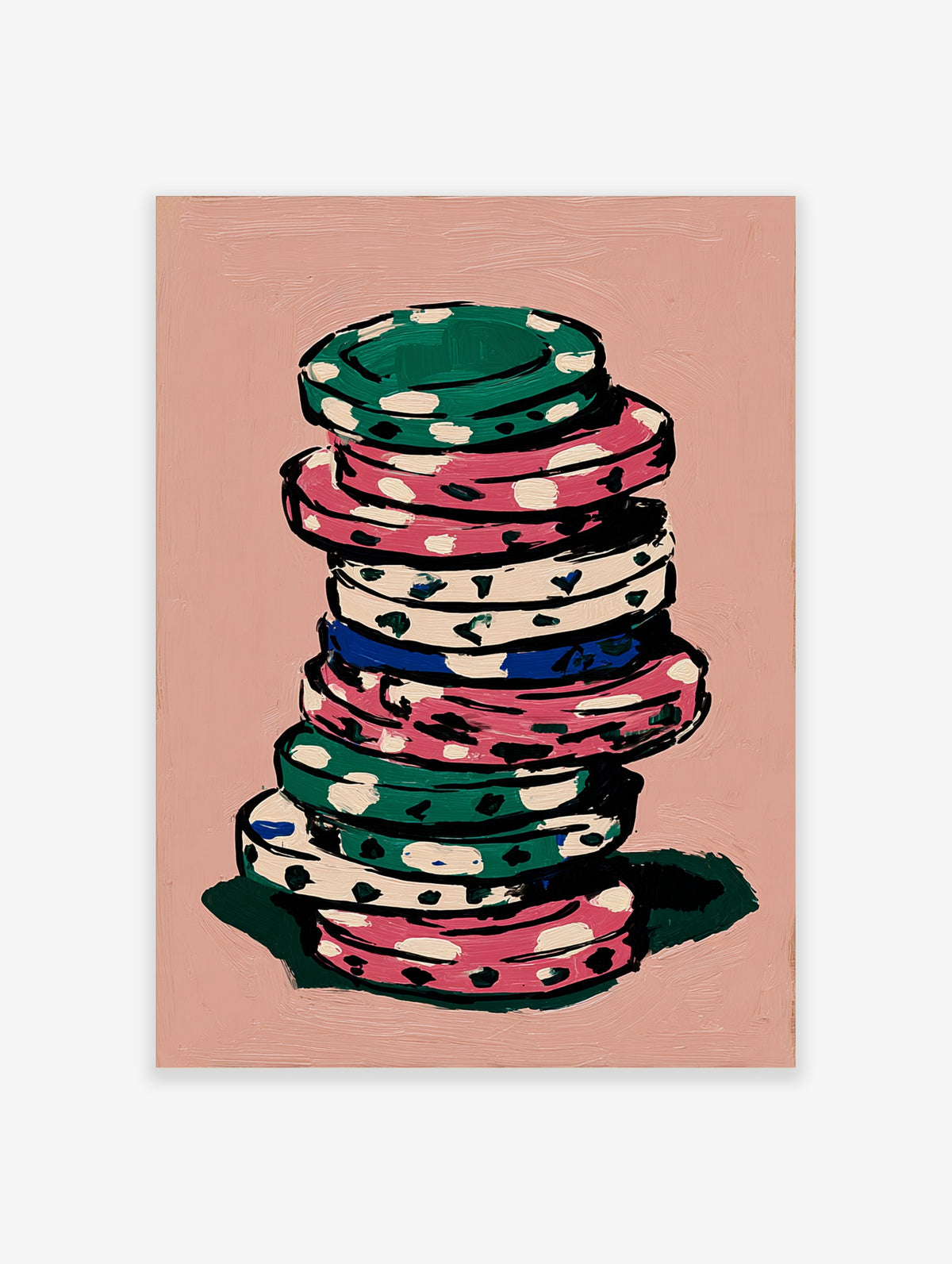 Stack of poker chips in green, pink, blue, and cream with white spots, painted on pink background