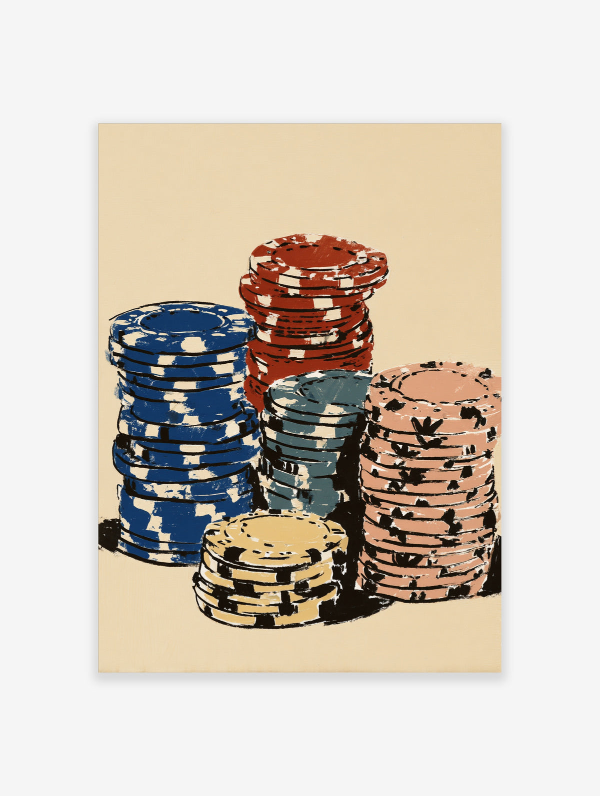 Stacked poker chips in red, blue, pink, yellow, teal on beige background, casino wall art print