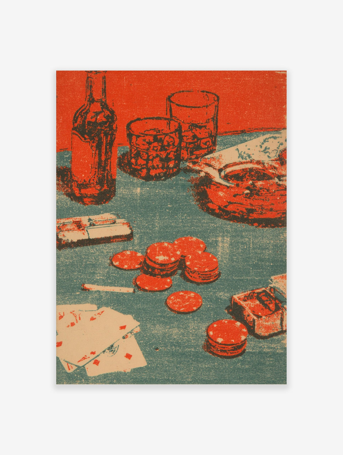 Poker night still life print with bottle, glasses, revolver, playing cards, and red poker chips on a teal and red background