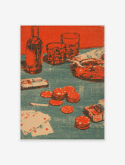 Poker night still life print with bottle, glasses, revolver, playing cards, and red poker chips on a teal and red background