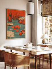 Poker night still life print with bottle, glasses, revolver, playing cards, and red poker chips on, in a styled room mockup