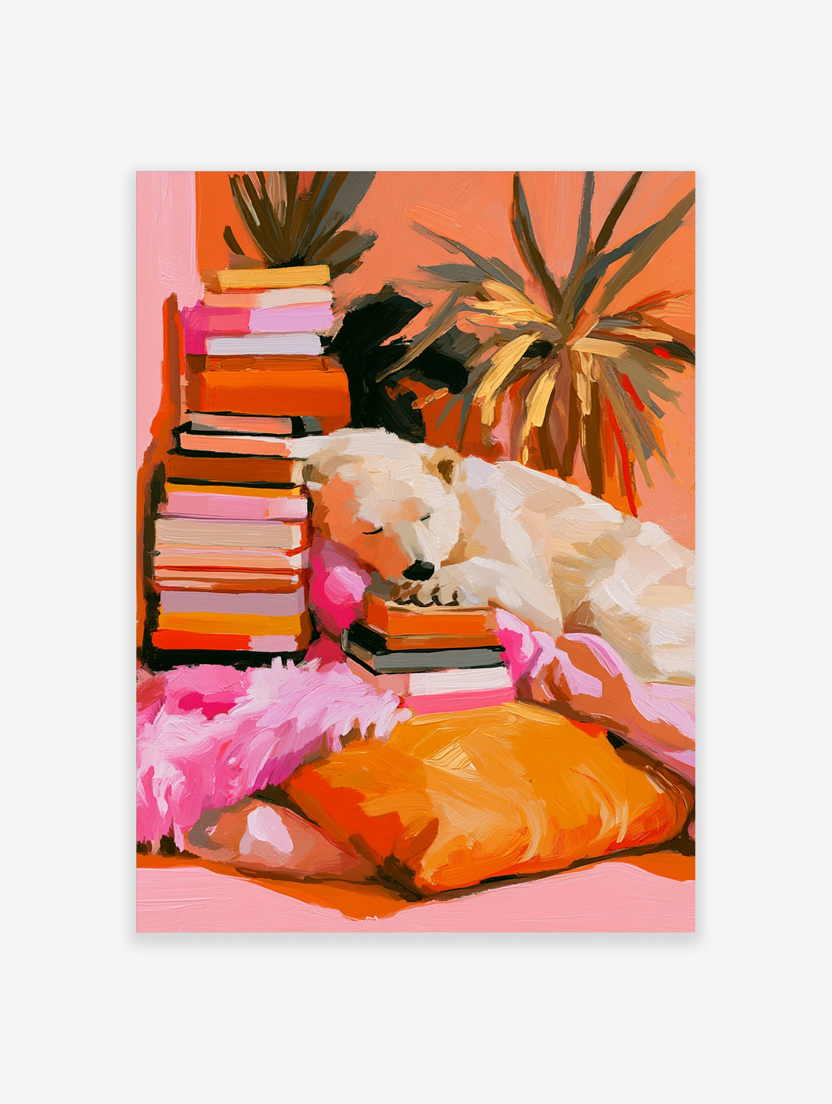 Painterly illustration of a polar bear sleeping on a stack of books with orange and pink tones