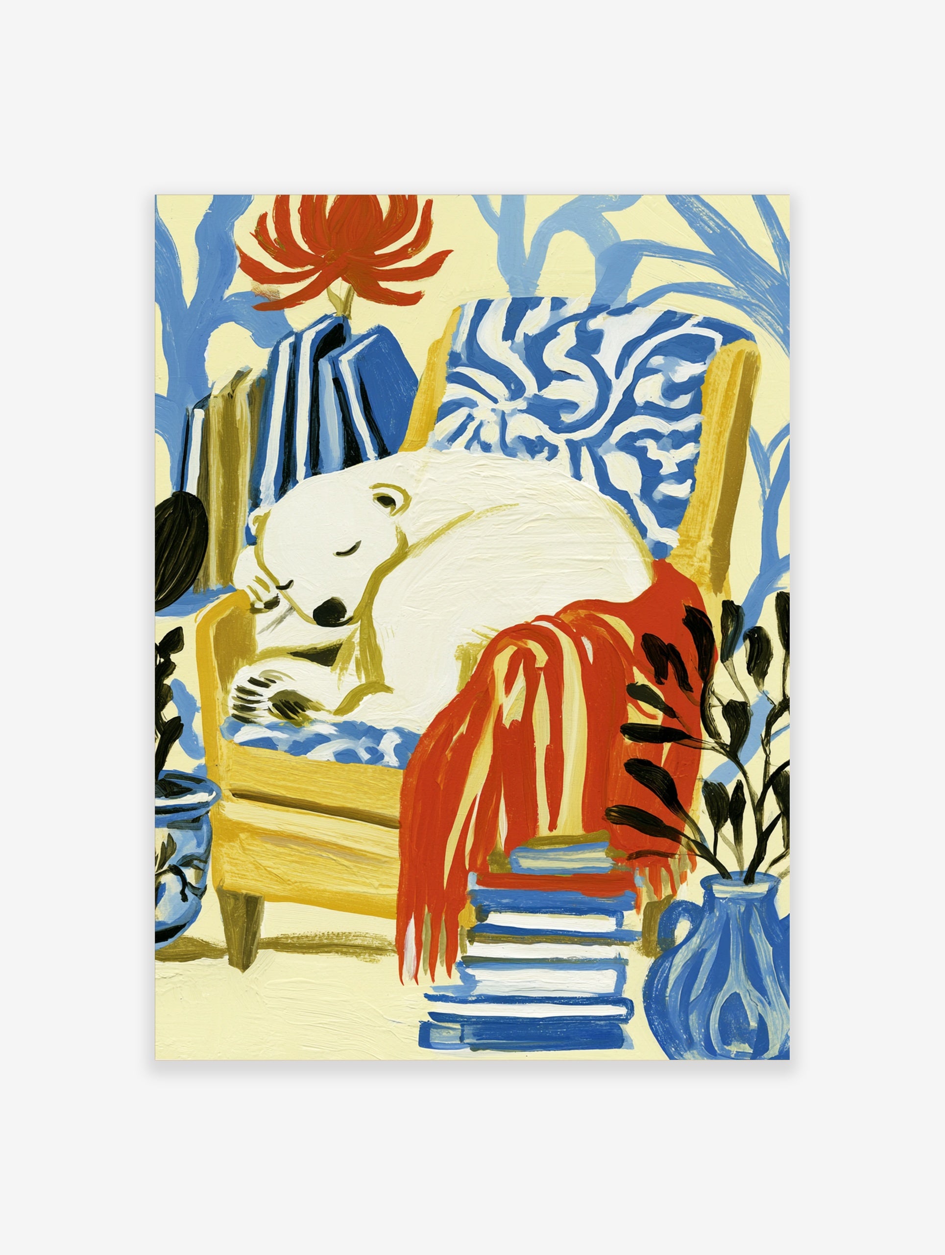 Sleeping polar bear in a yellow armchair with a red blanket, plants, and books, illustrative art style