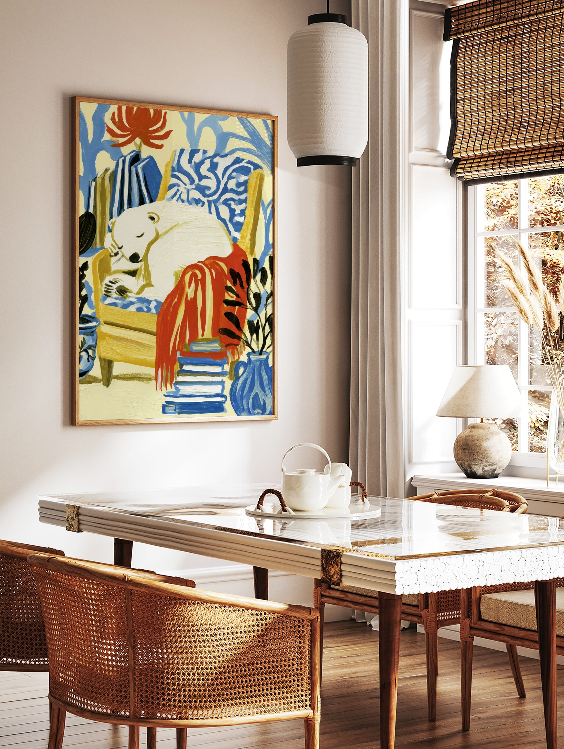 Sleeping polar bear in a yellow armchair with a red blanket, plants, and books, illustrative art, in a styled room mockup