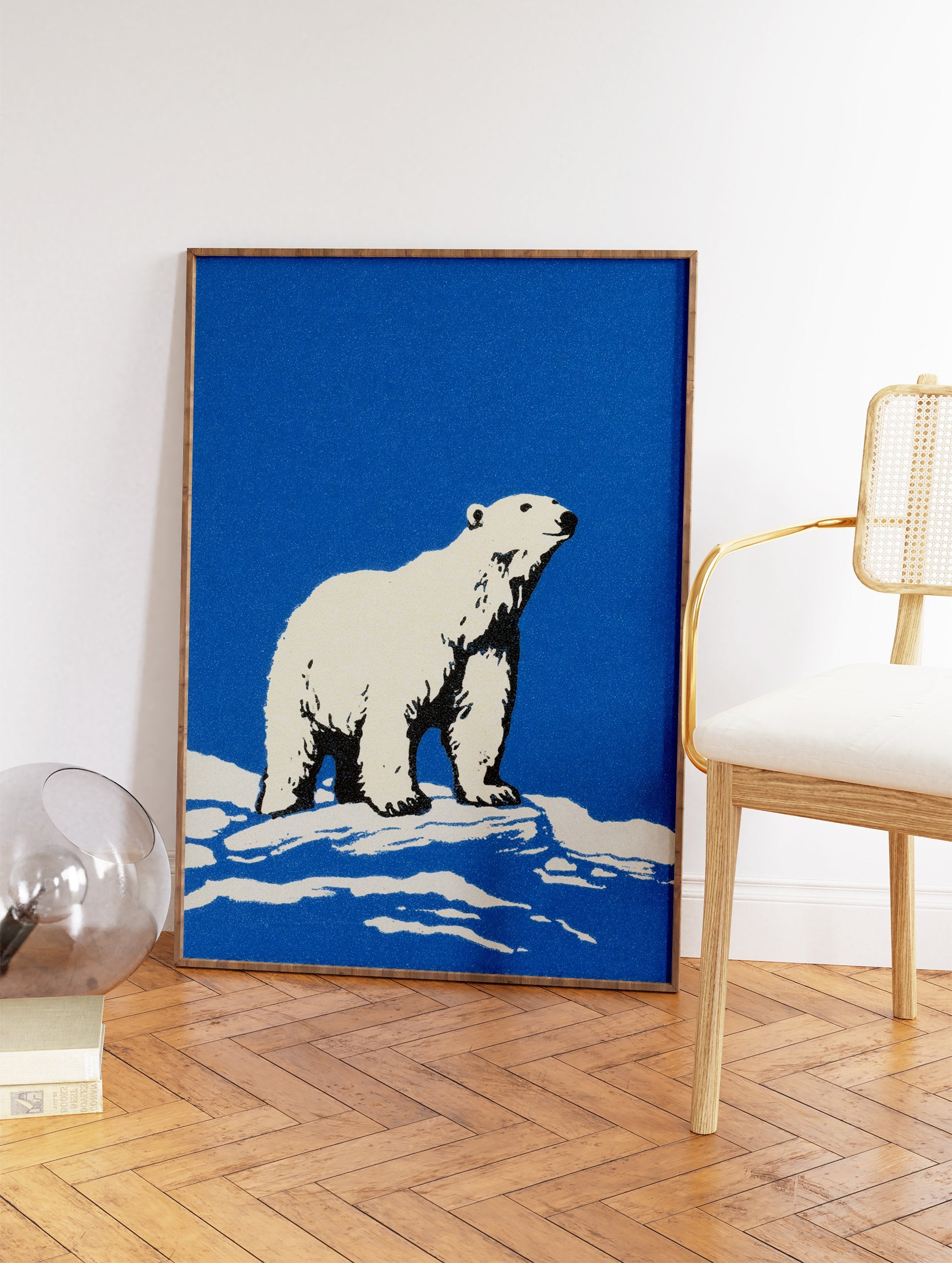 Polar Bear Wall Art illustration showing a white polar bear standing on snow against a blue background. - Image 2