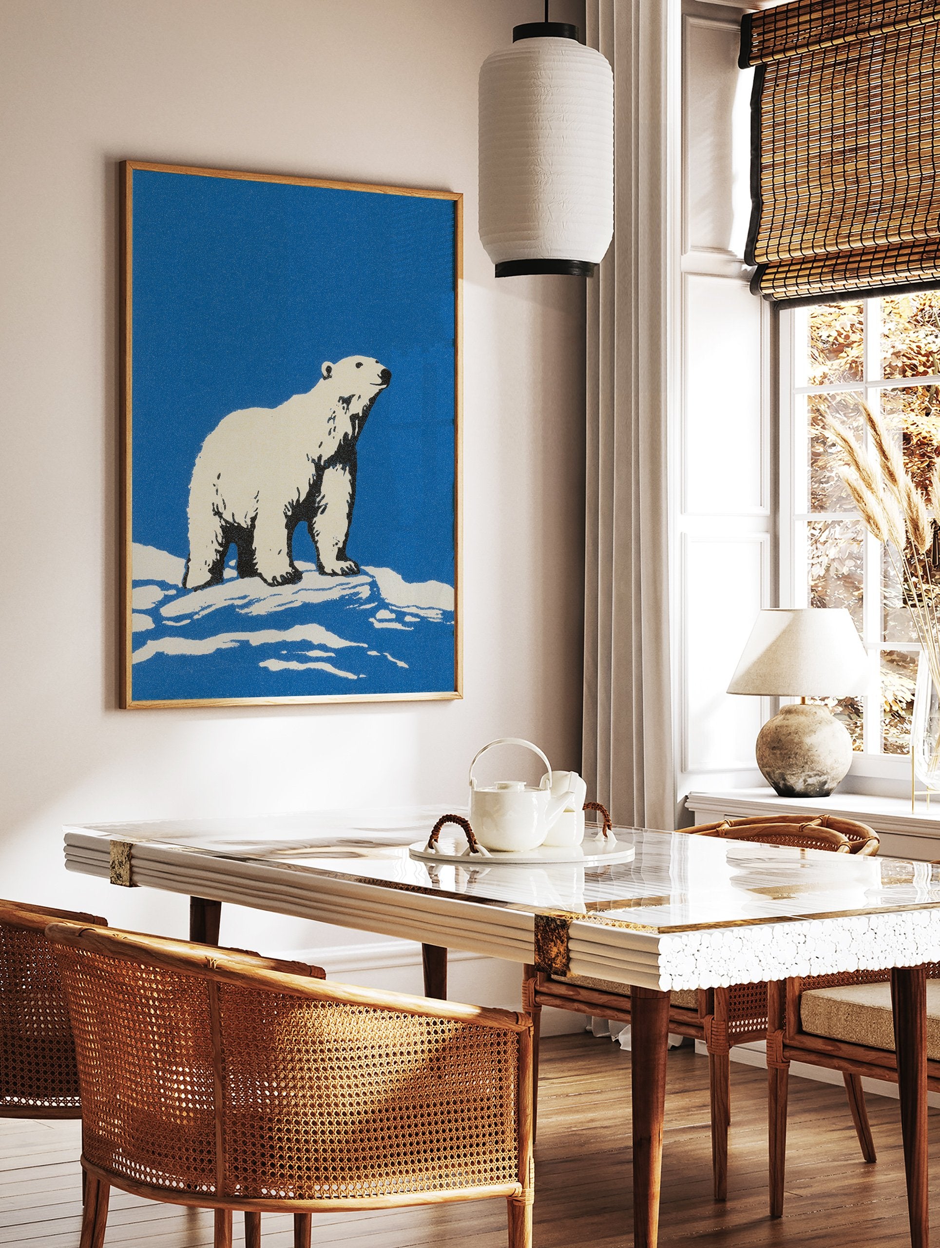 Polar Bear Wall Art illustration showing a white polar bear standing on snow against a blue background. - Image 3