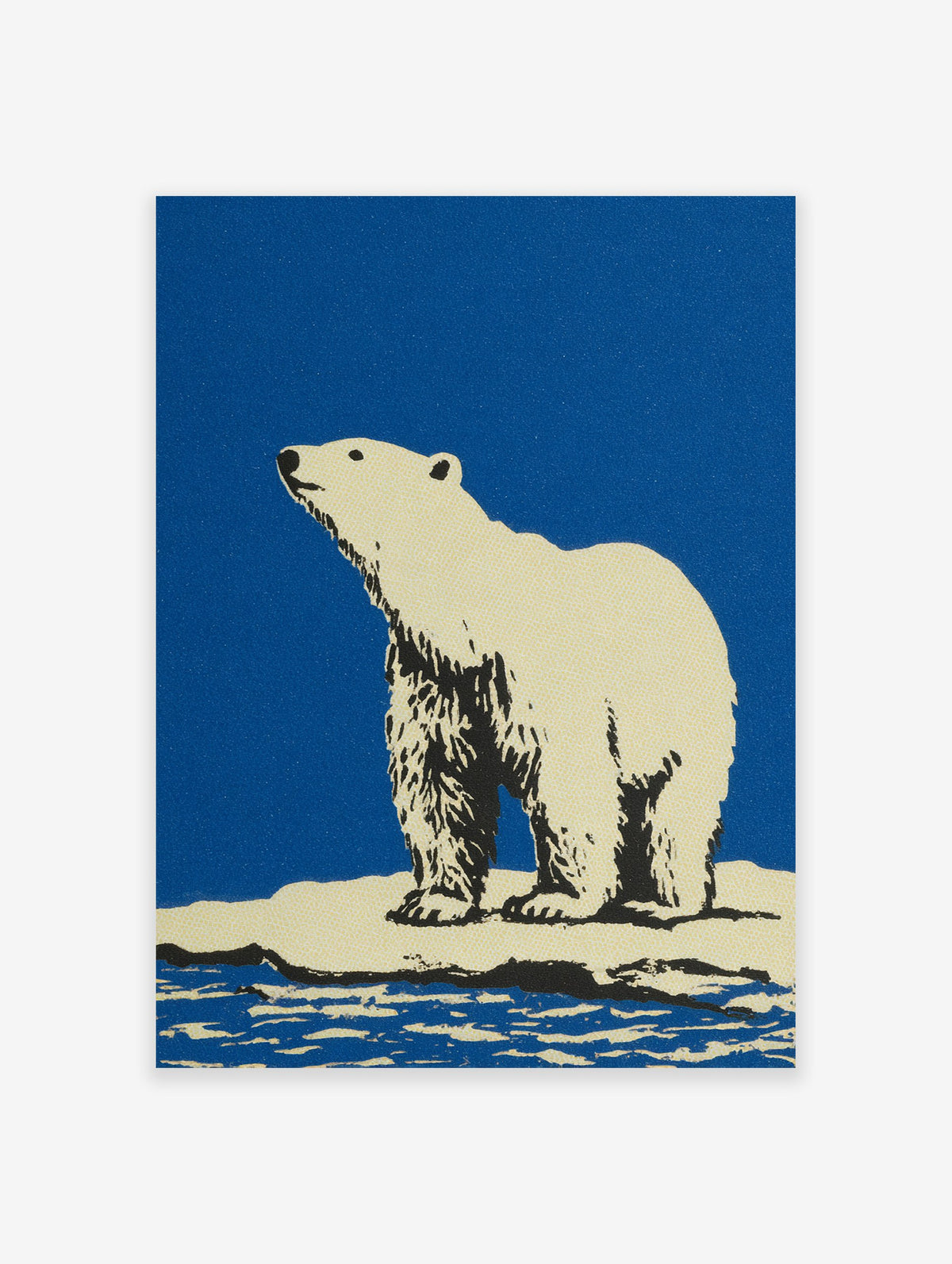 Illustrated polar bear standing on an ice floe against a blue sky, wildlife wall art print.