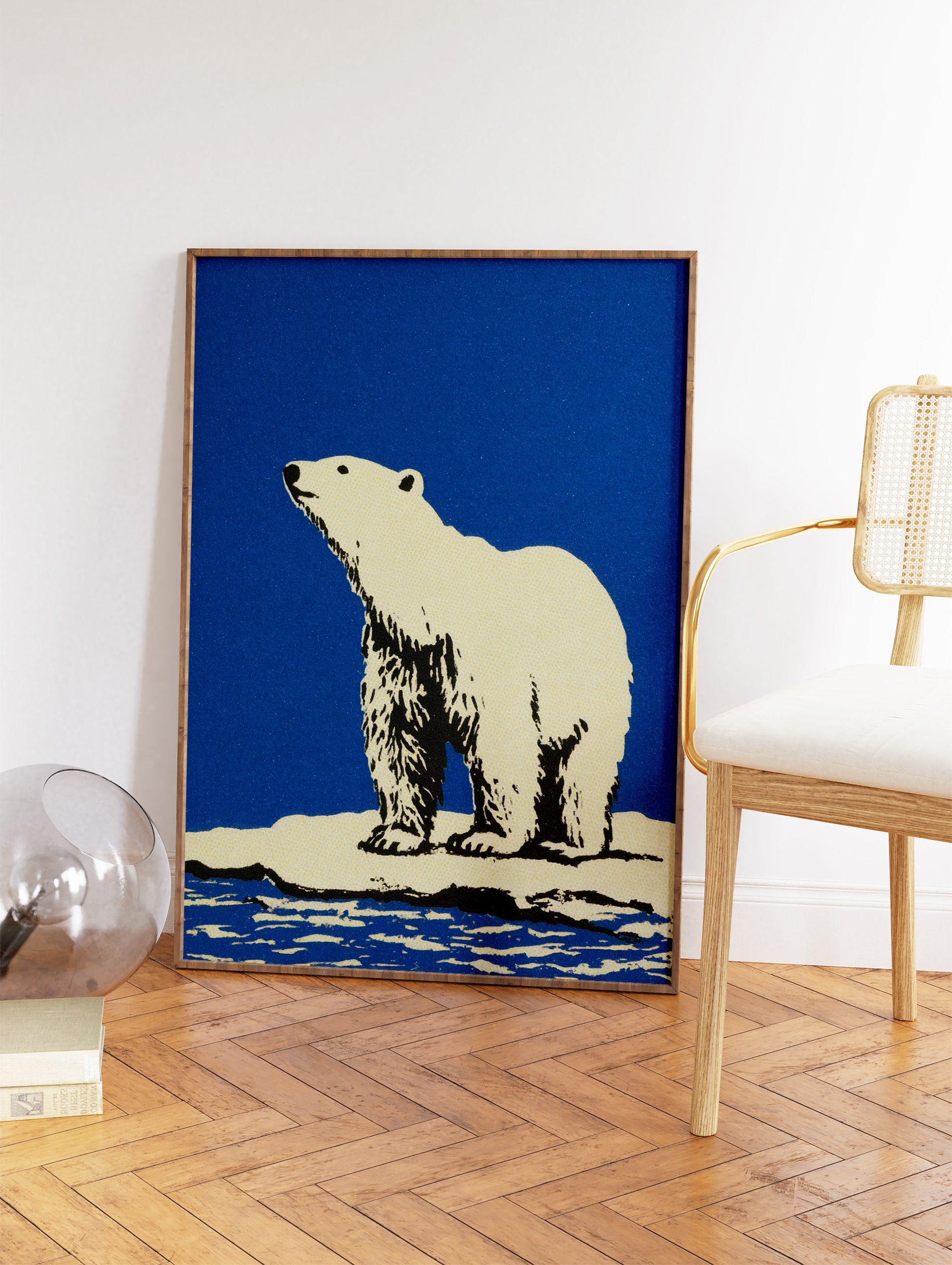 Illustrated polar bear standing on an ice floe against a blue sky, wildlife wall art print. - Image 2