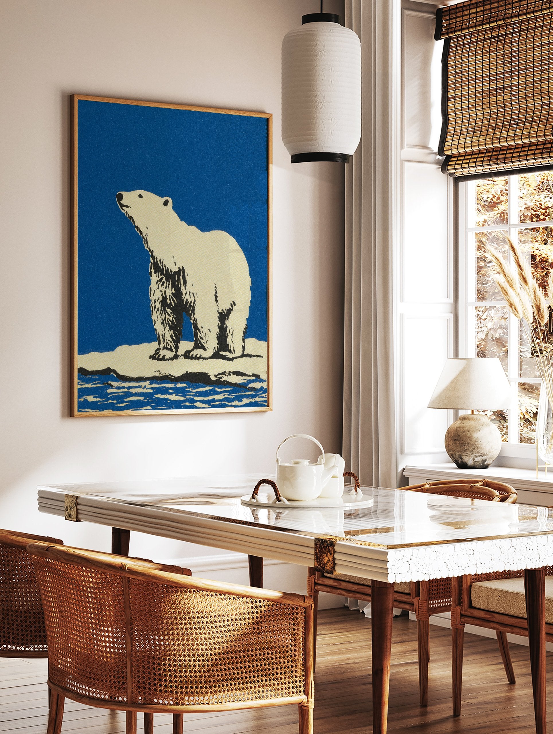 Illustrated polar bear standing on an ice floe against a blue sky, wildlife wall art print. - Image 3