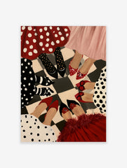 Illustrative fashion print of women in polka dot skirts and heels standing in a circle on a checkered floor