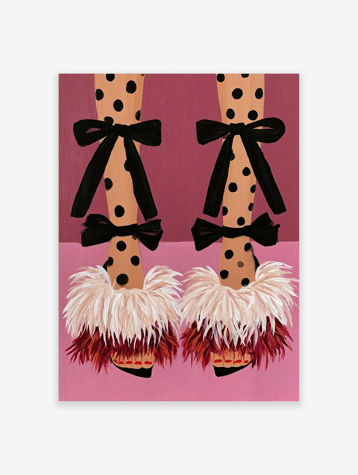 Fashion illustration of polka dot tights with black bows and pink feather shoe embellishments on a pink background
