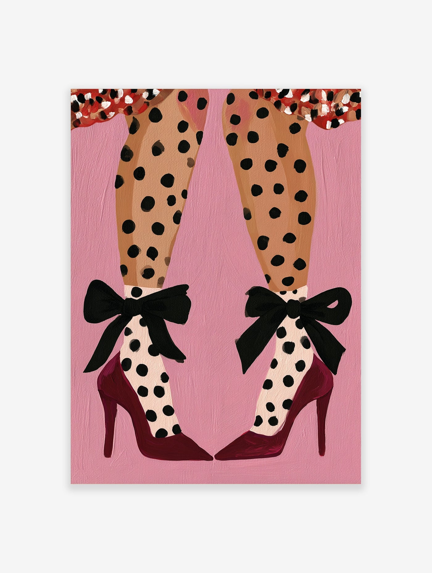 Fashion illustration of legs in polka dot tights with black bows and red high heels on a pink background