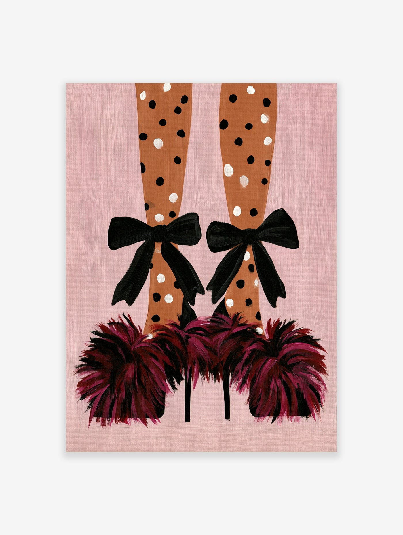 Fashion illustration of legs in polka-dot tights with black bows and feathered heels against a pink background