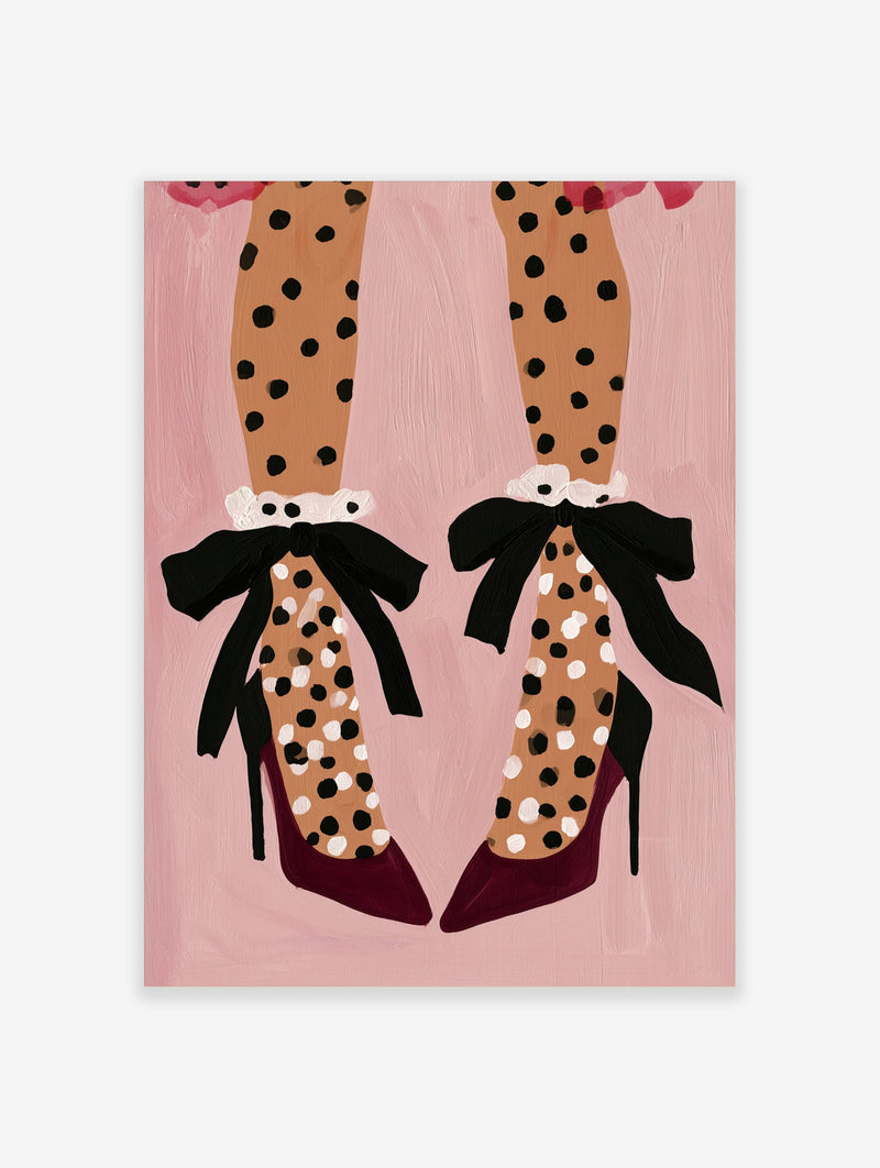 Fashion illustration of legs in polka dot tights, ruffled socks, and high heels on a solid pink background