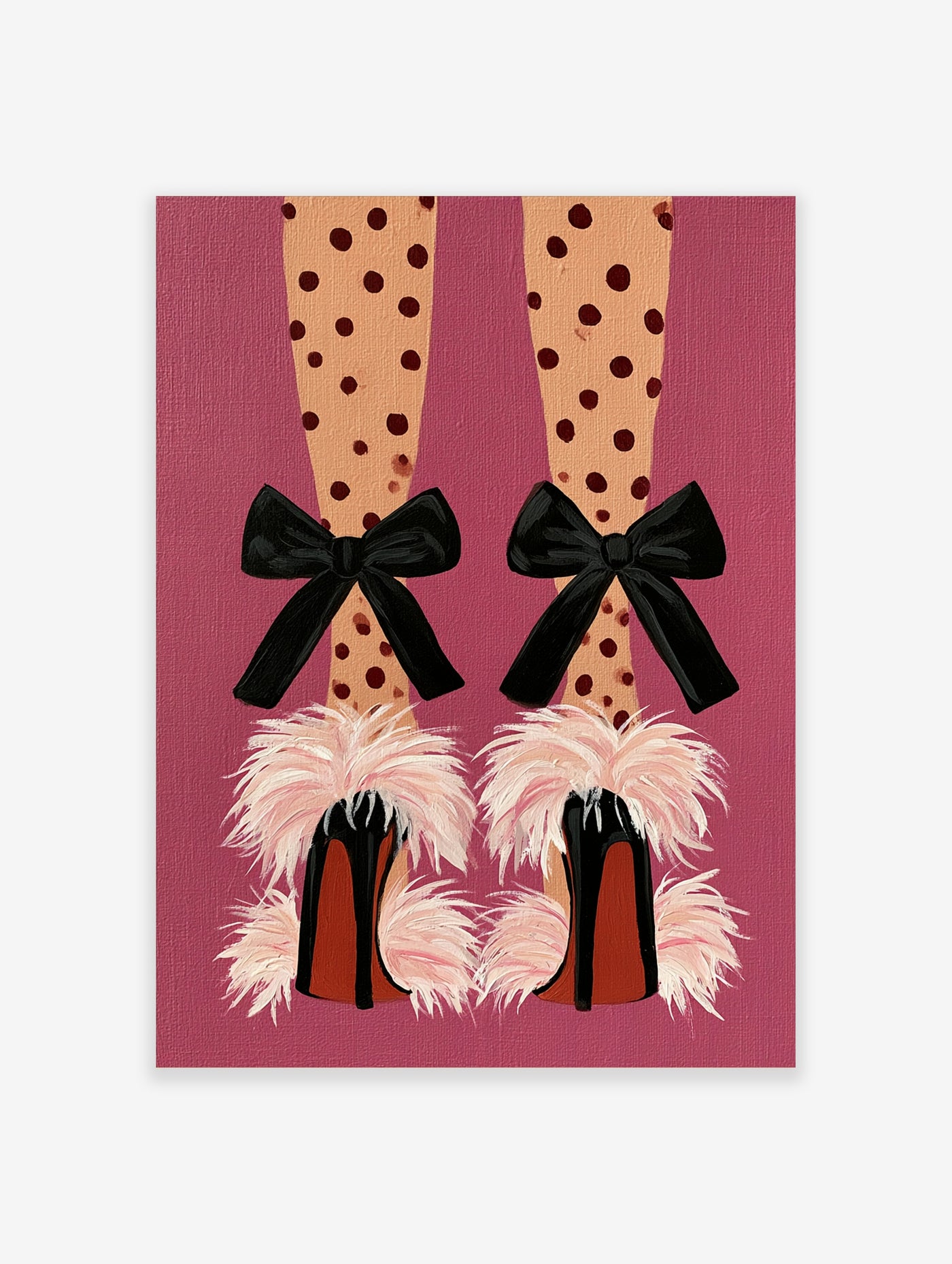 Illustration of legs in polka dot tights and black heels with pink feathers and bows against a pink background