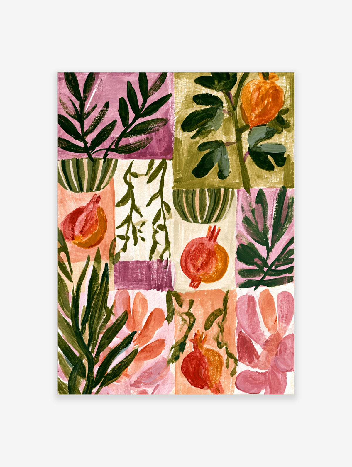 Painted pomegranates and green leaves in pink, orange, and olive colour blocks