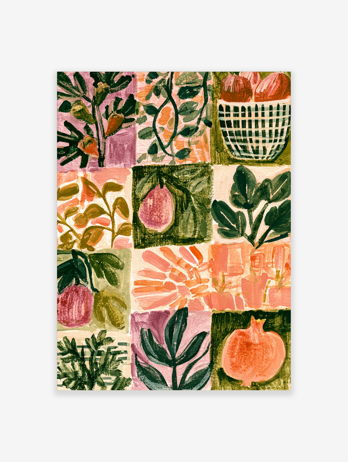 Colourful pomegranate and fig botanical art print with pink, green, and orange painted panels