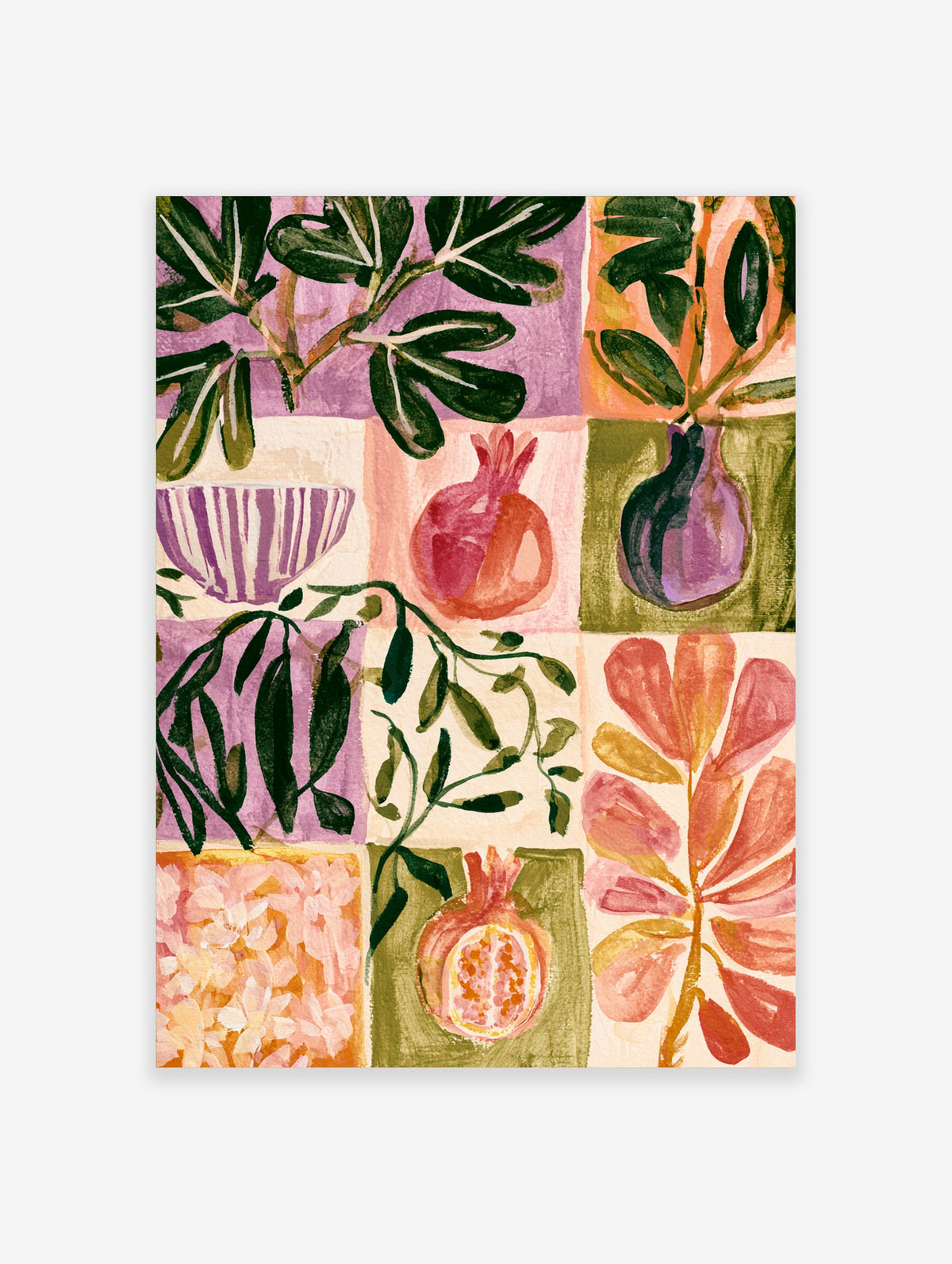 Pomegranate and fig botanical art print with striped bowl on pink and purple grid background