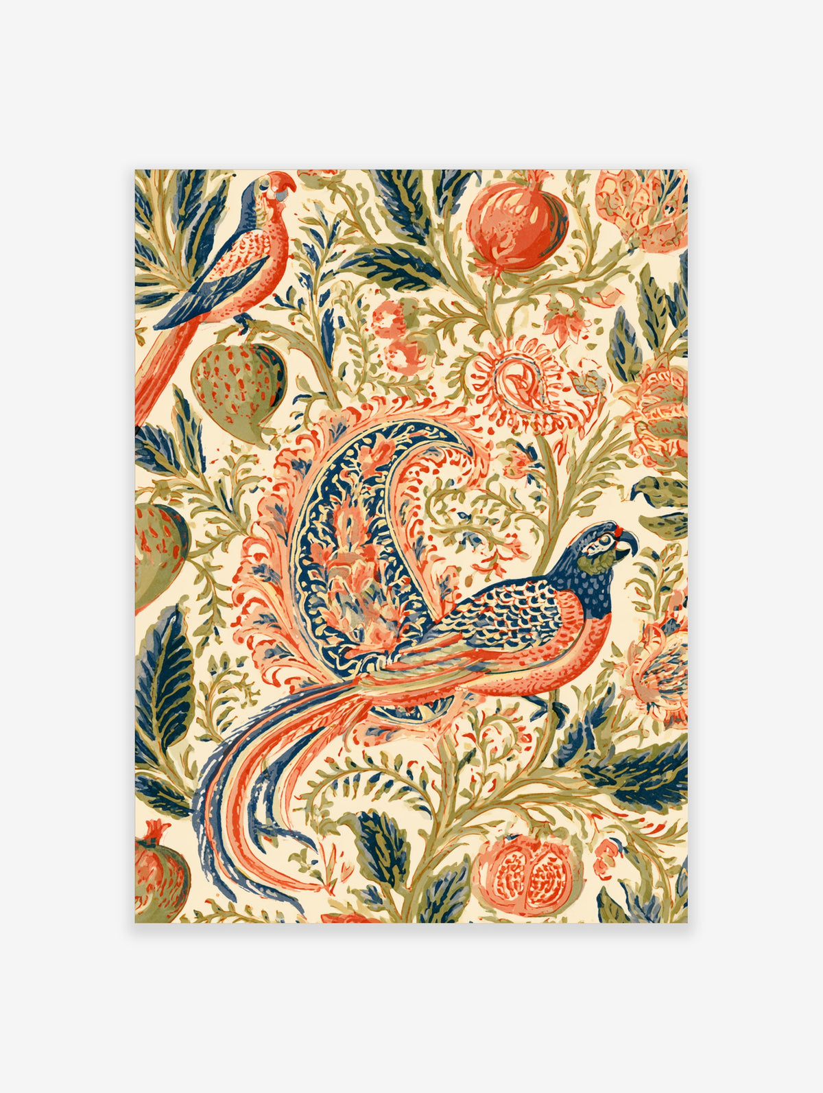 Ornate botanical art print of a parrot perched among pomegranates and stylised foliage in red, blue and green