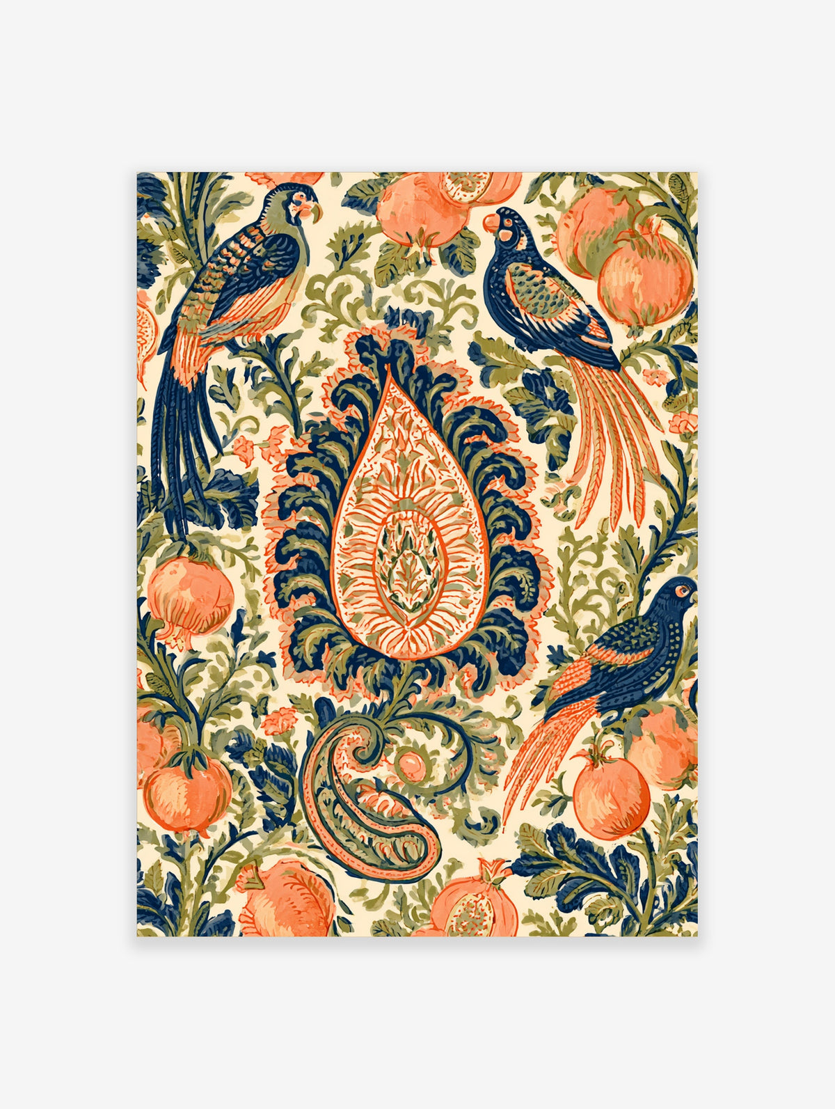 Ornate botanical art print with blue parrots, pomegranates, and central paisley motif on cream background