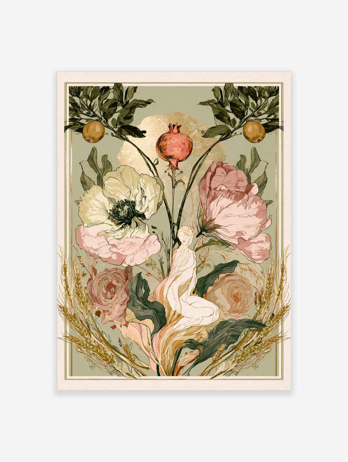 Botanical illustration of a pale figure among peonies, pomegranate, citrus fruit, and wheat on a sage background