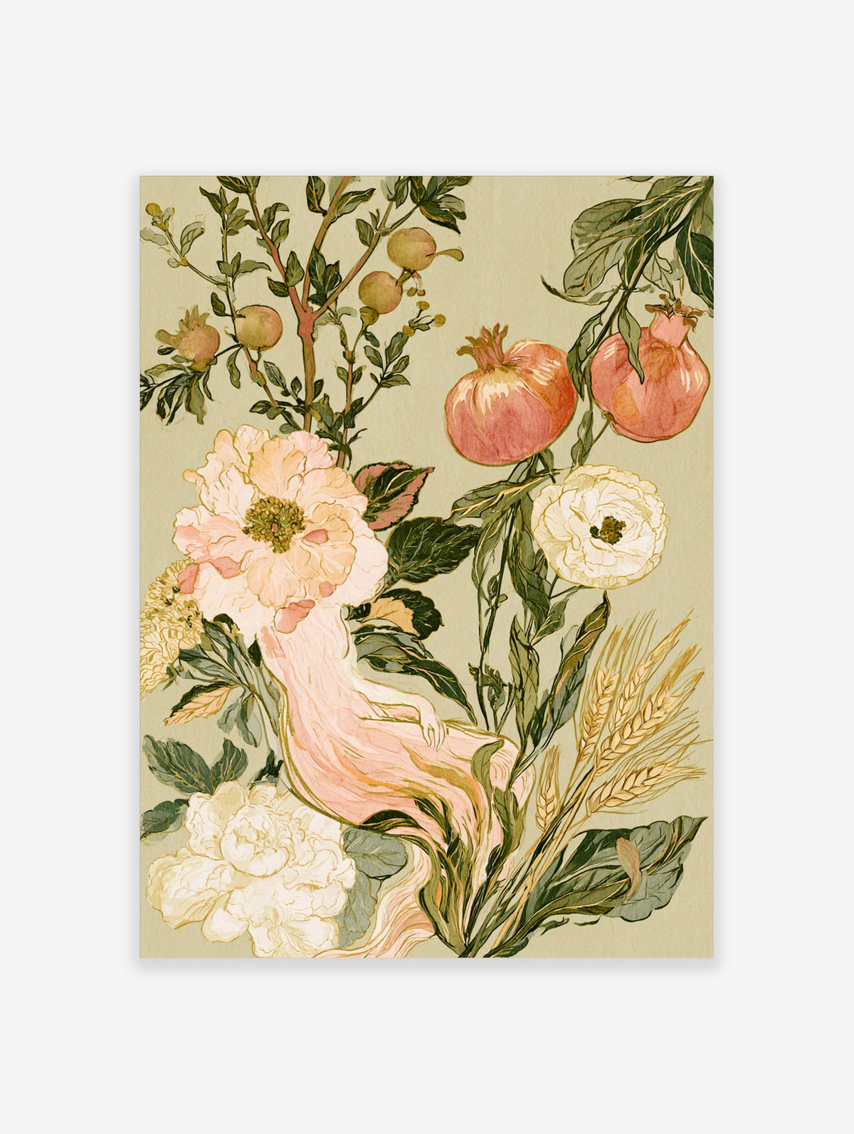 Pomegranate and peony botanical illustration with pink fruit, cream blooms, and wheat on sage green