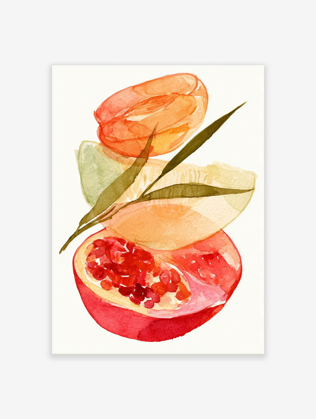 Watercolour art print of a halved pomegranate with red seeds, citrus slices, and green leaves on white