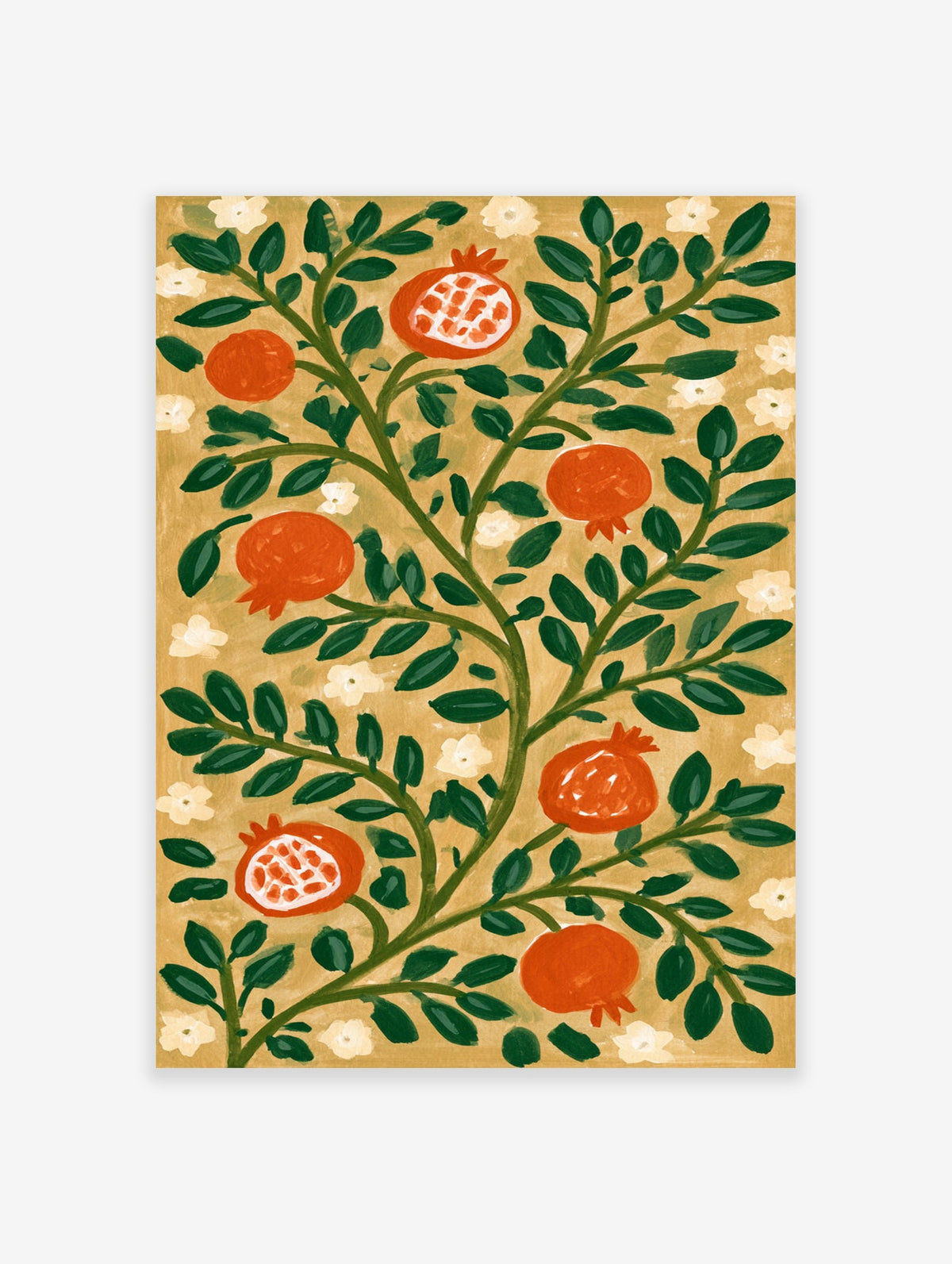 Botanical pomegranate fruit illustration with green leaves and cream flowers on a tan background, art print