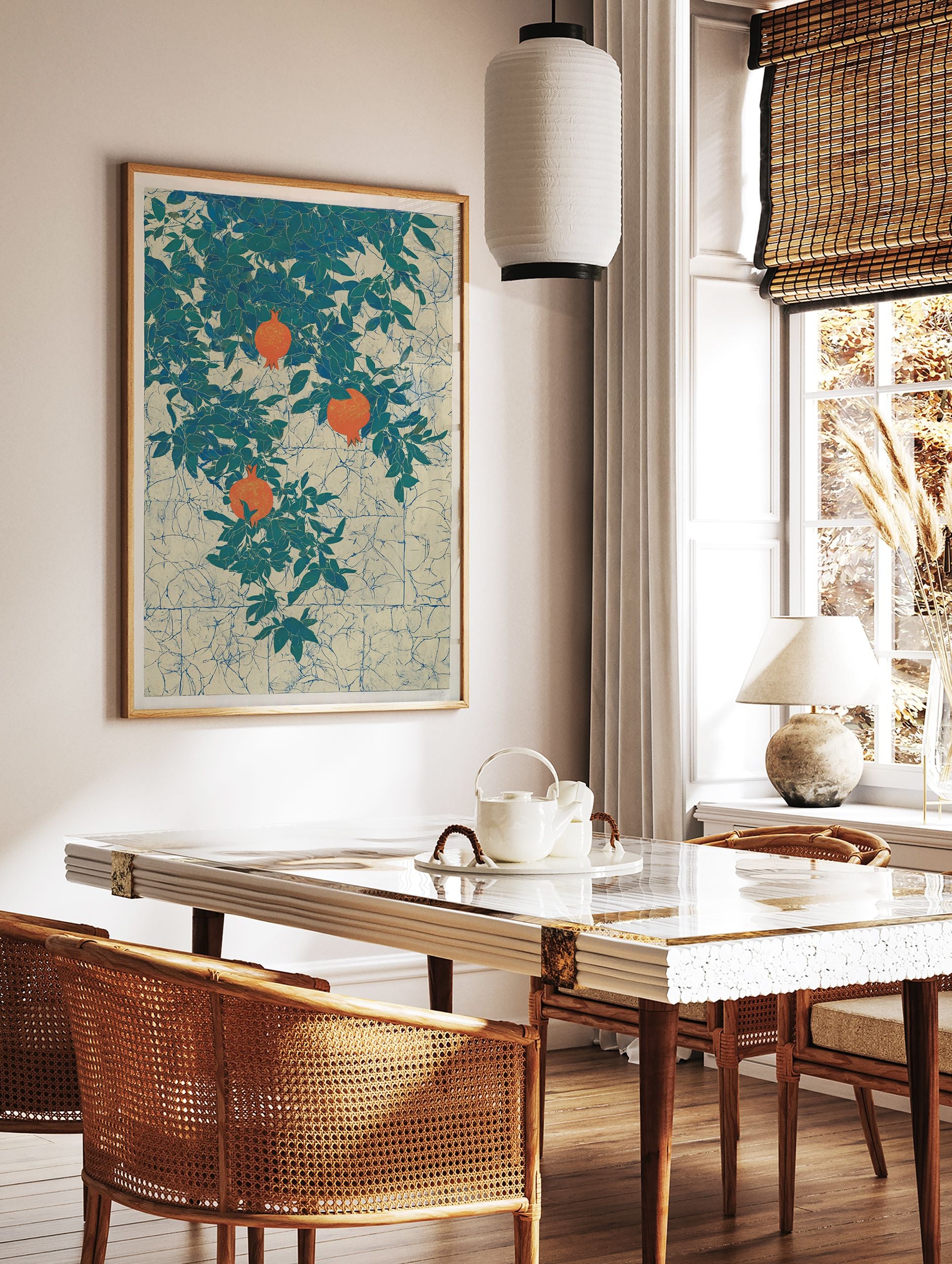 Pomegranate botanical poster featuring orange pomegranates on a leafy green tree against a textured cream and blue background. - Image 2