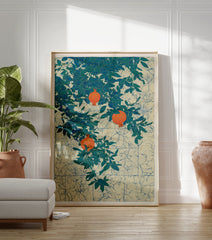 Pomegranate botanical poster featuring orange pomegranates on a leafy green tree against a textured cream and blue background. - Image 3