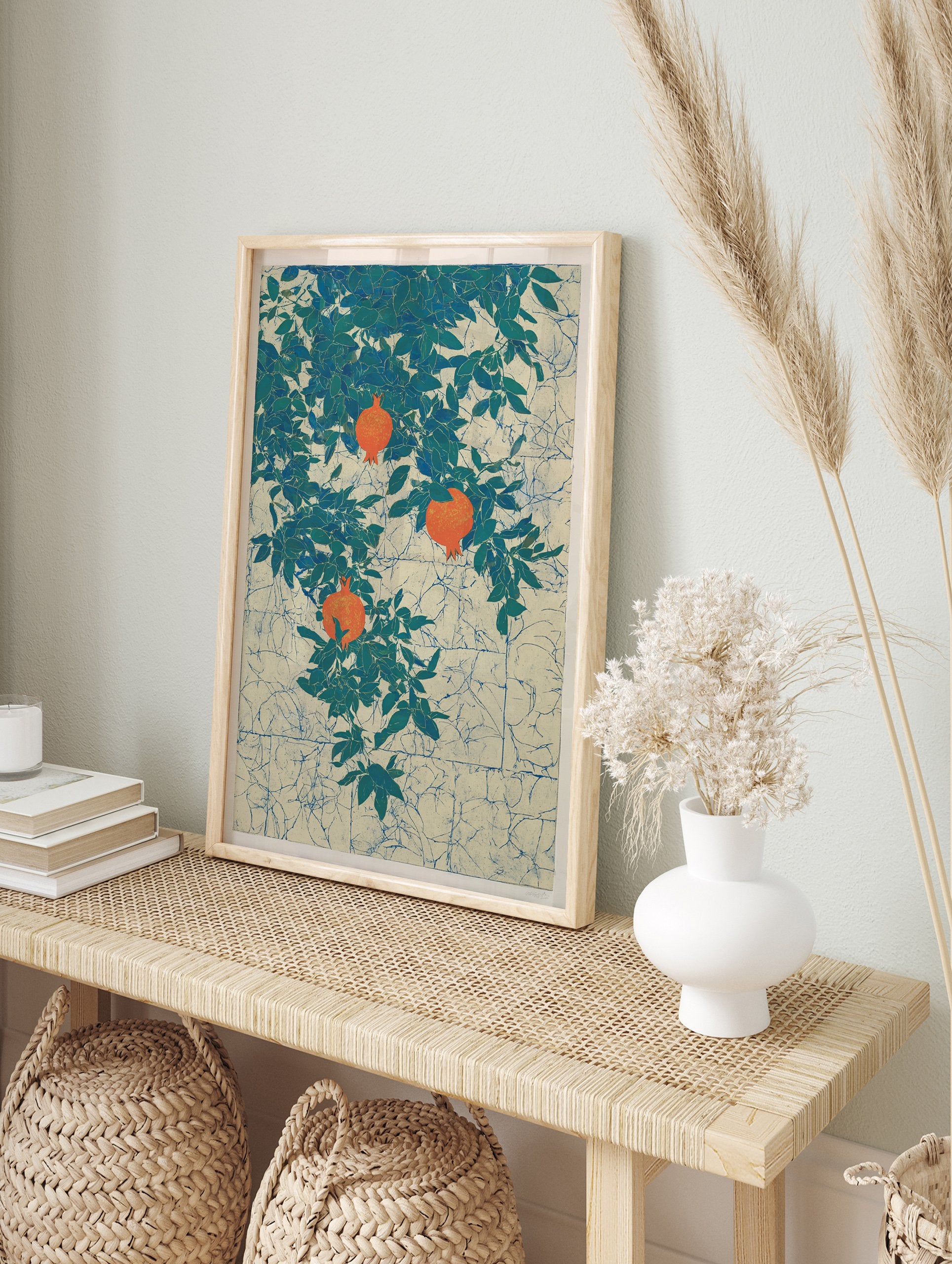 Pomegranate botanical poster featuring orange pomegranates on a leafy green tree against a textured cream and blue background. - Image 4