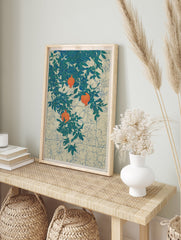 Pomegranate botanical poster featuring orange pomegranates on a leafy green tree against a textured cream and blue background. - Image 4