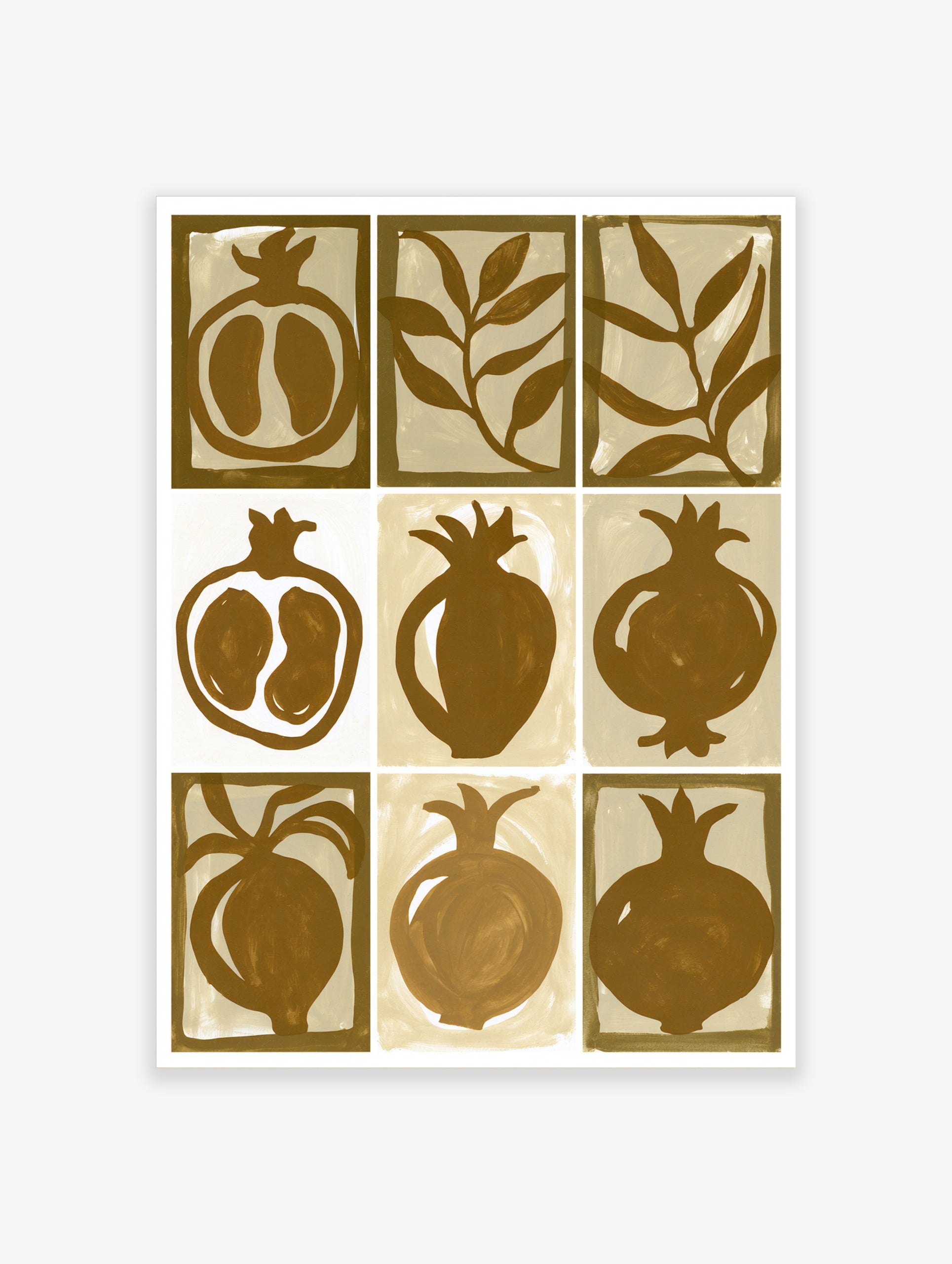 Nine-panel grid illustration of pomegranates and leaves in brown and beige on a paper print