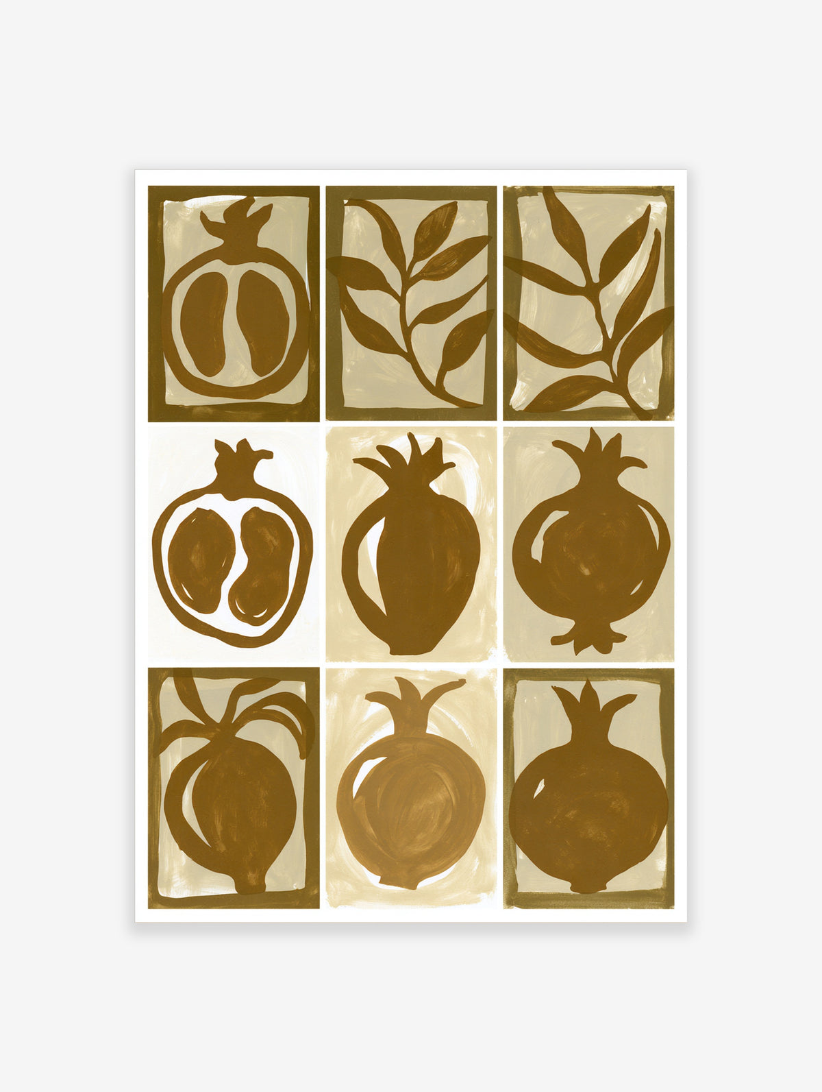 Nine-panel grid illustration of pomegranates and leaves in brown and beige on a paper print