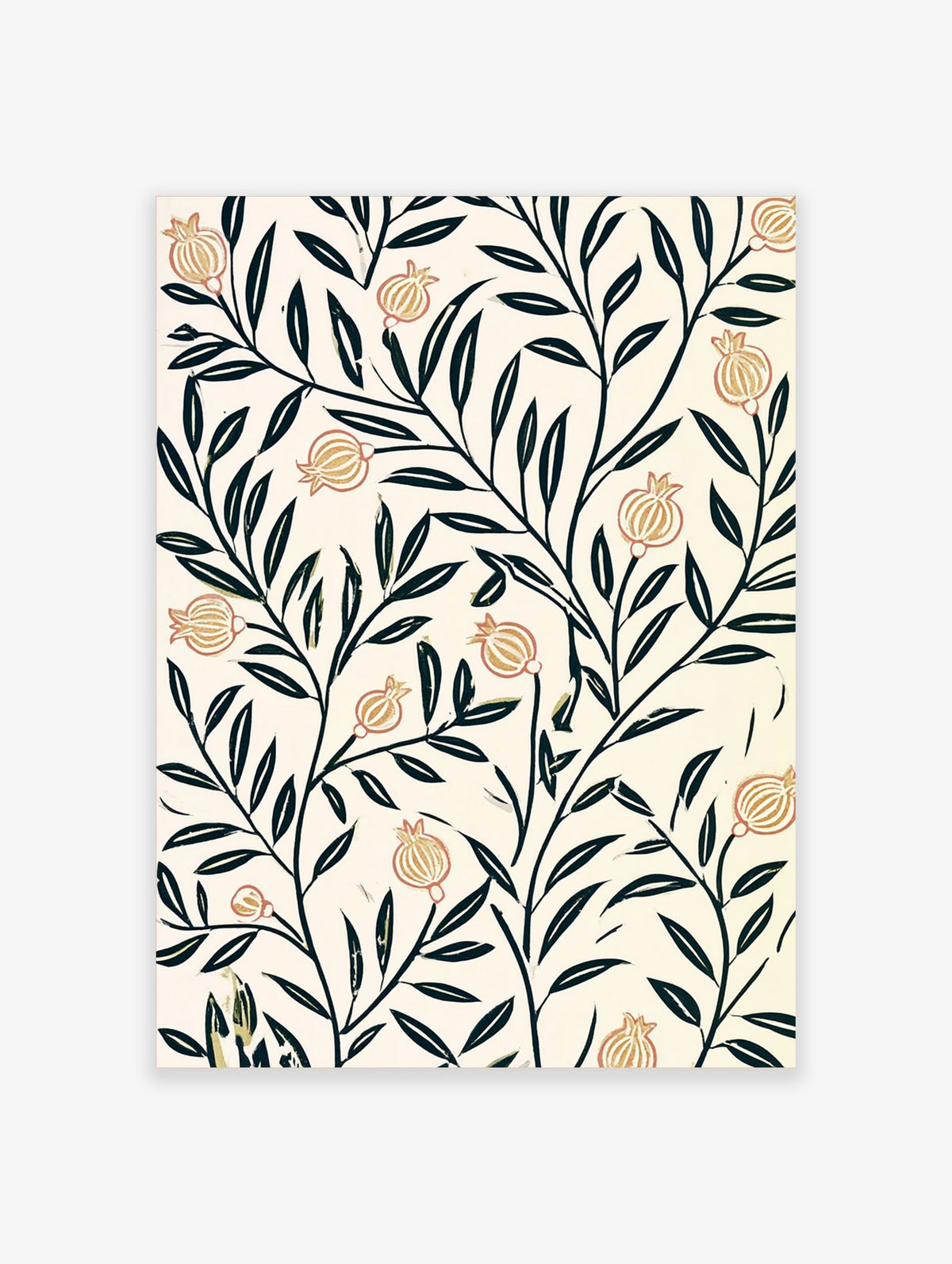 Pomegranate botanical art print with dark green leaves and orange fruit on cream background