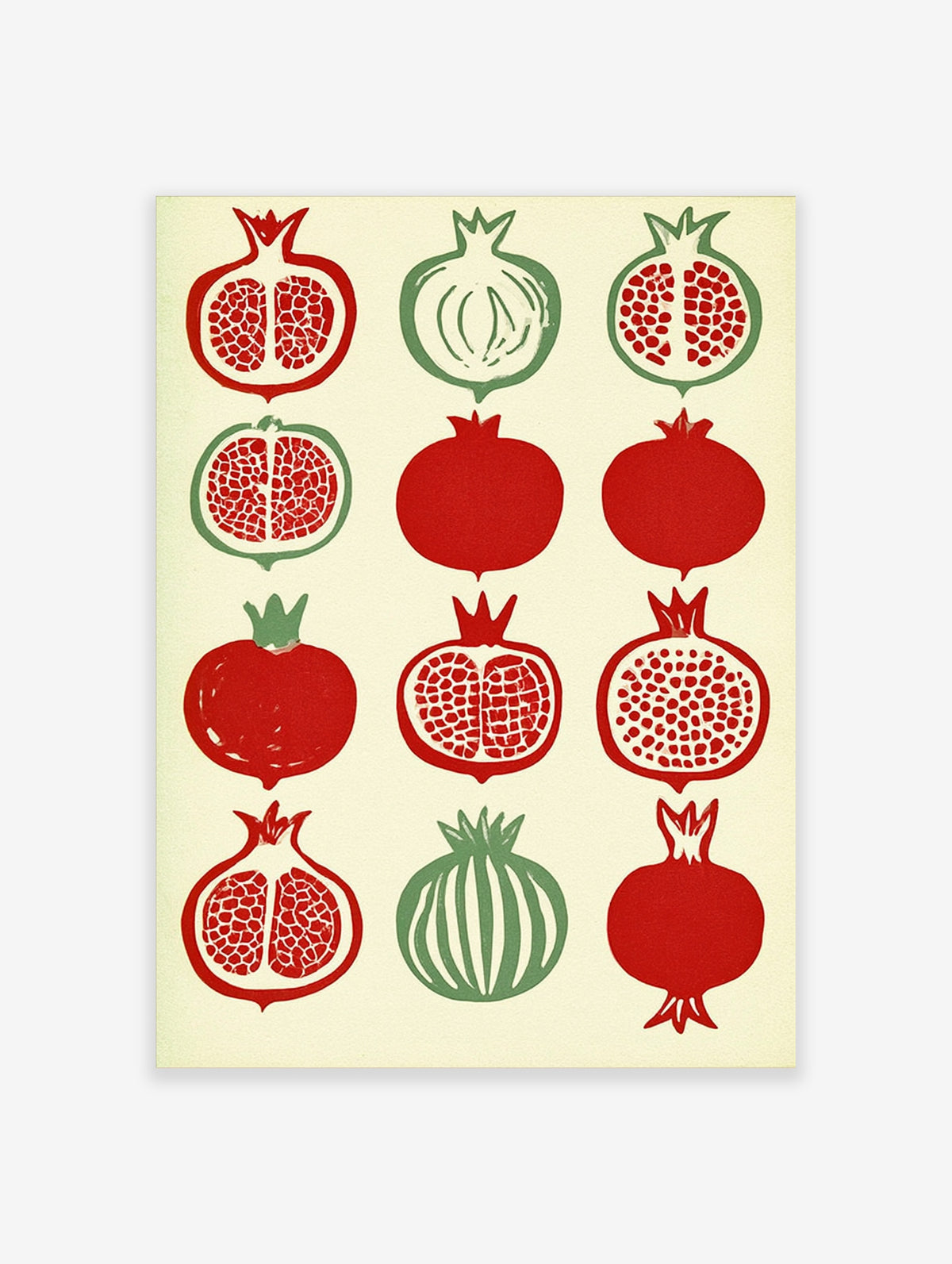 Illustrative pomegranate botanical grid print with red and green fruit on cream background