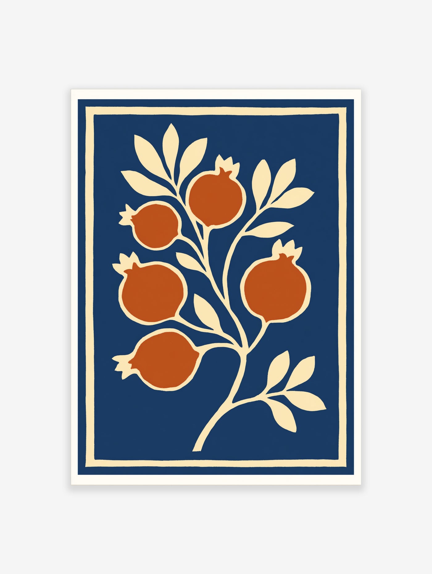 Illustrative pomegranate botanical wall art print with burnt orange fruit and cream leaves on a navy blue background