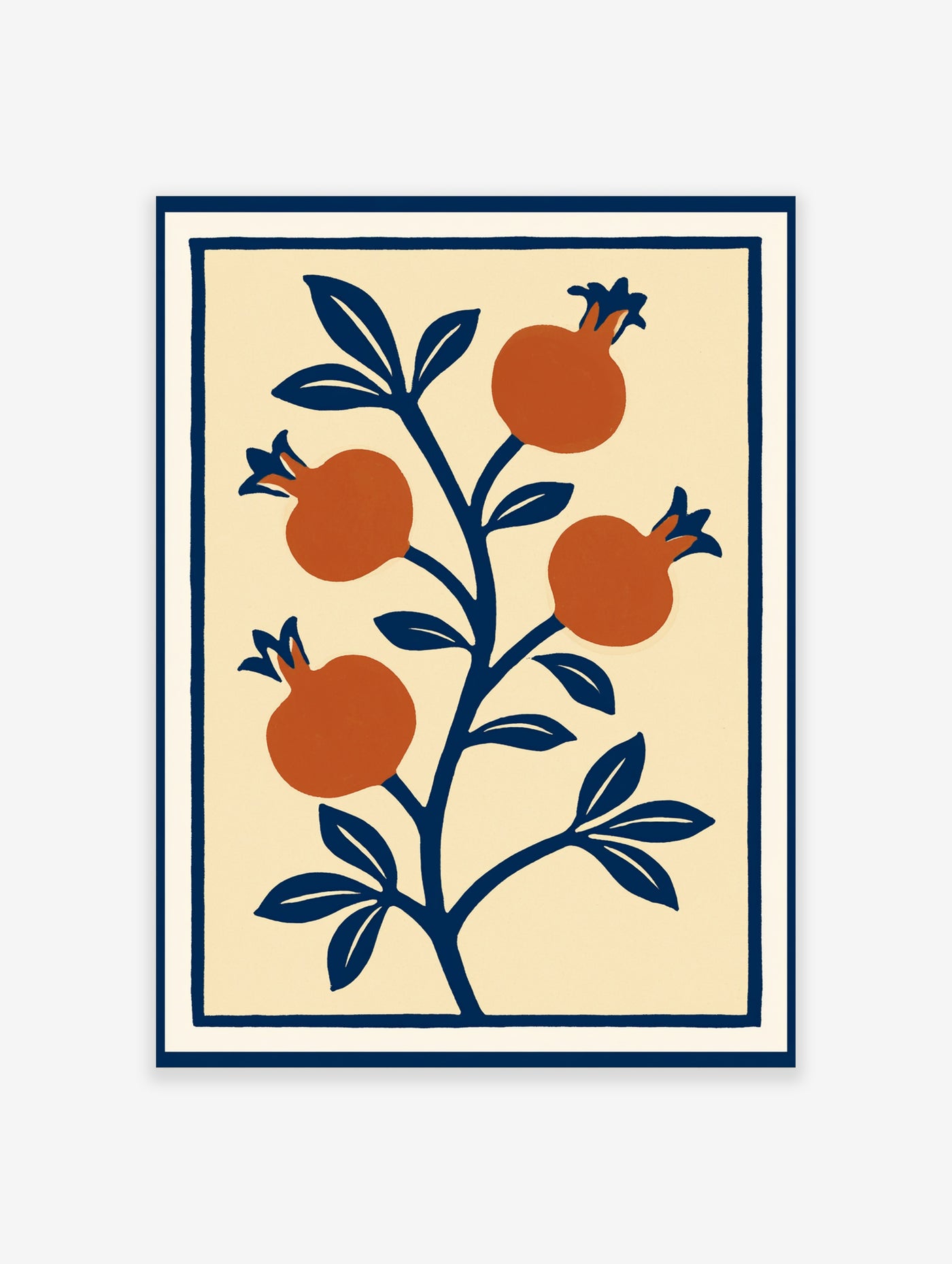 Illustrative pomegranate branch wall art with orange fruit and navy blue leaves on a cream background