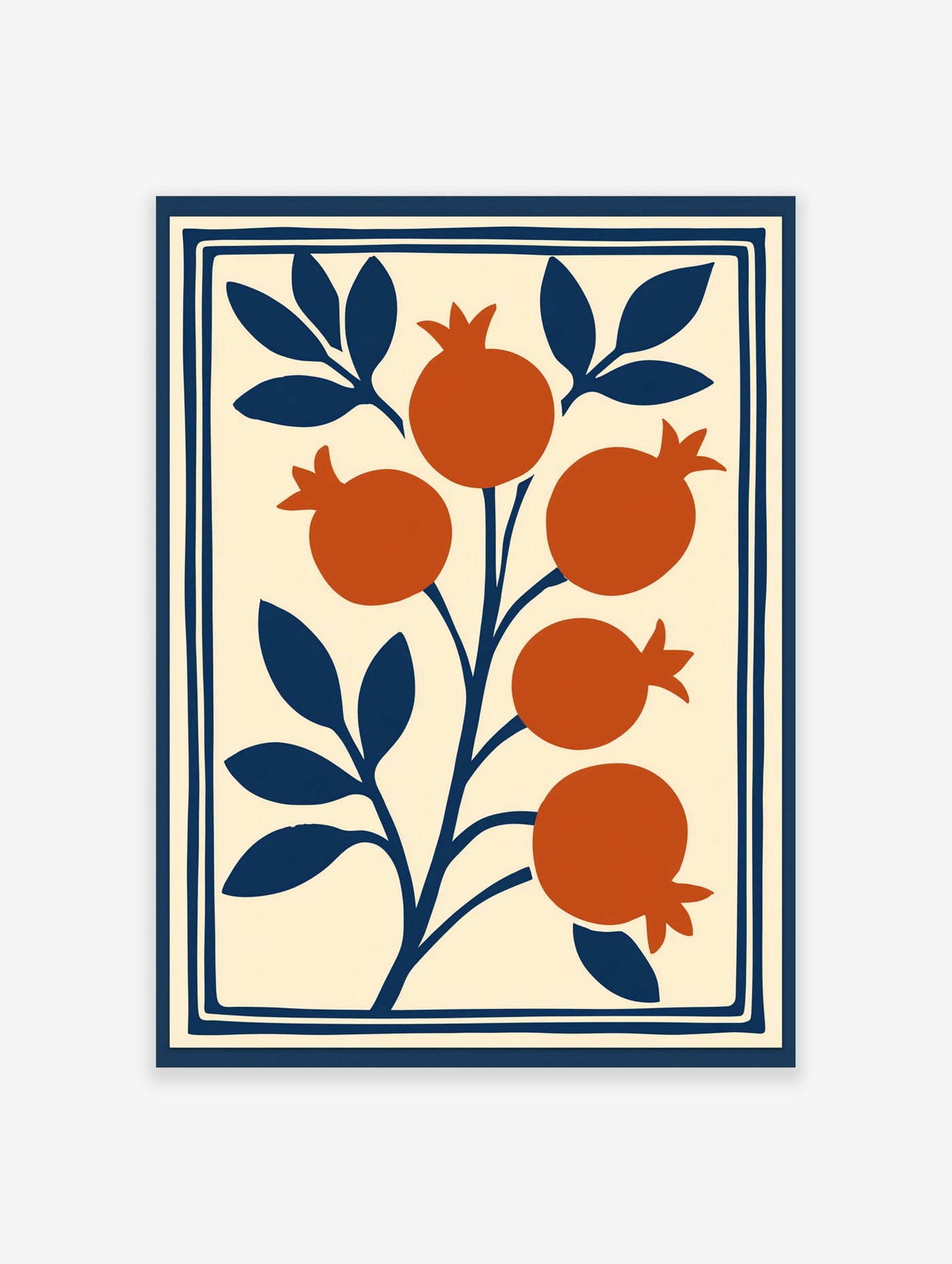 Pomegranate branch illustration with terracotta fruit and blue leaves on a cream background, botanical wall art print