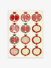 Grid of twelve stylized pomegranate fruit illustrations in red and green on a cream background
