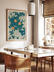 Botanical pomegranate poster with vibrant orange pomegranates amidst blue-green leaves on a light patterned background. - Image 2