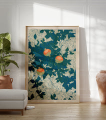 Botanical pomegranate poster with vibrant orange pomegranates amidst blue-green leaves on a light patterned background. - Image 3