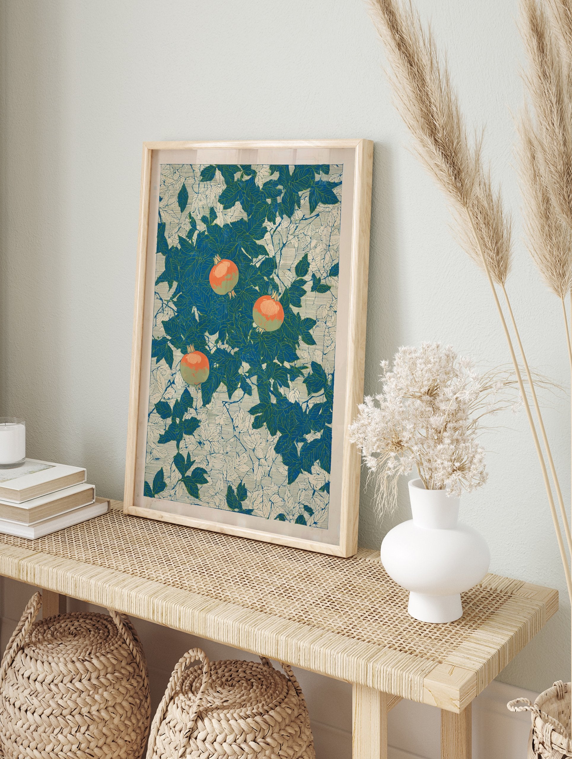 Botanical pomegranate poster with vibrant orange pomegranates amidst blue-green leaves on a light patterned background. - Image 4