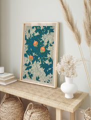 Botanical pomegranate poster with vibrant orange pomegranates amidst blue-green leaves on a light patterned background. - Image 4