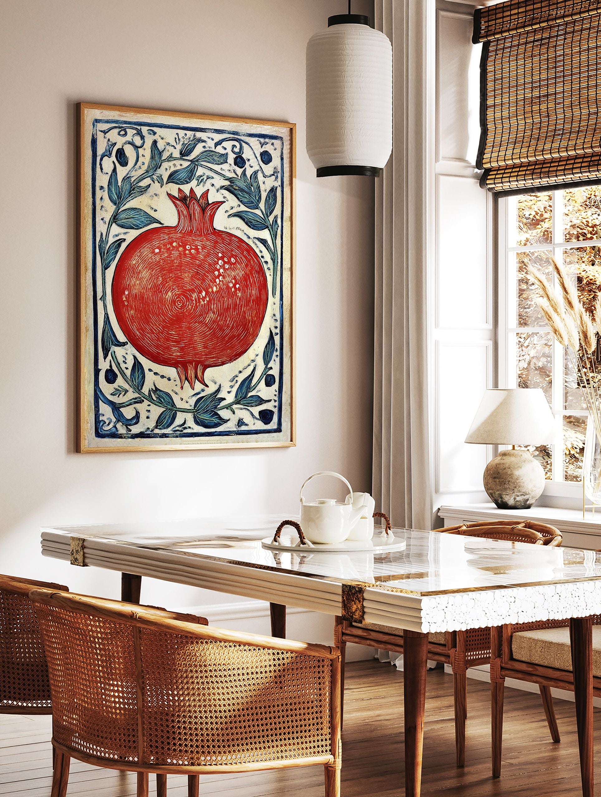 Red pomegranate botanical illustration poster with blue leaves and decorative border on a light background - Image 2